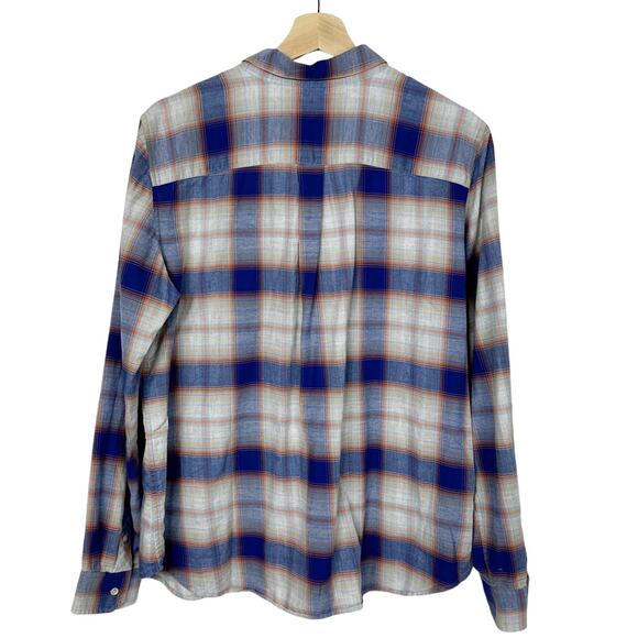 LL Bean Plaid Shirt Womens Large Cotton Button Down Top Blue Tan - Picture 2 of 6